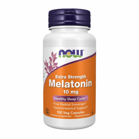 NOW Foods Melatonin 10 mg extra strength sleep support capsules for deep rest and jet lag recovery.