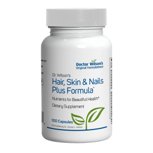 Dr. Wilson’s Hair, Skin & Nails Plus beauty support supplement bottle.