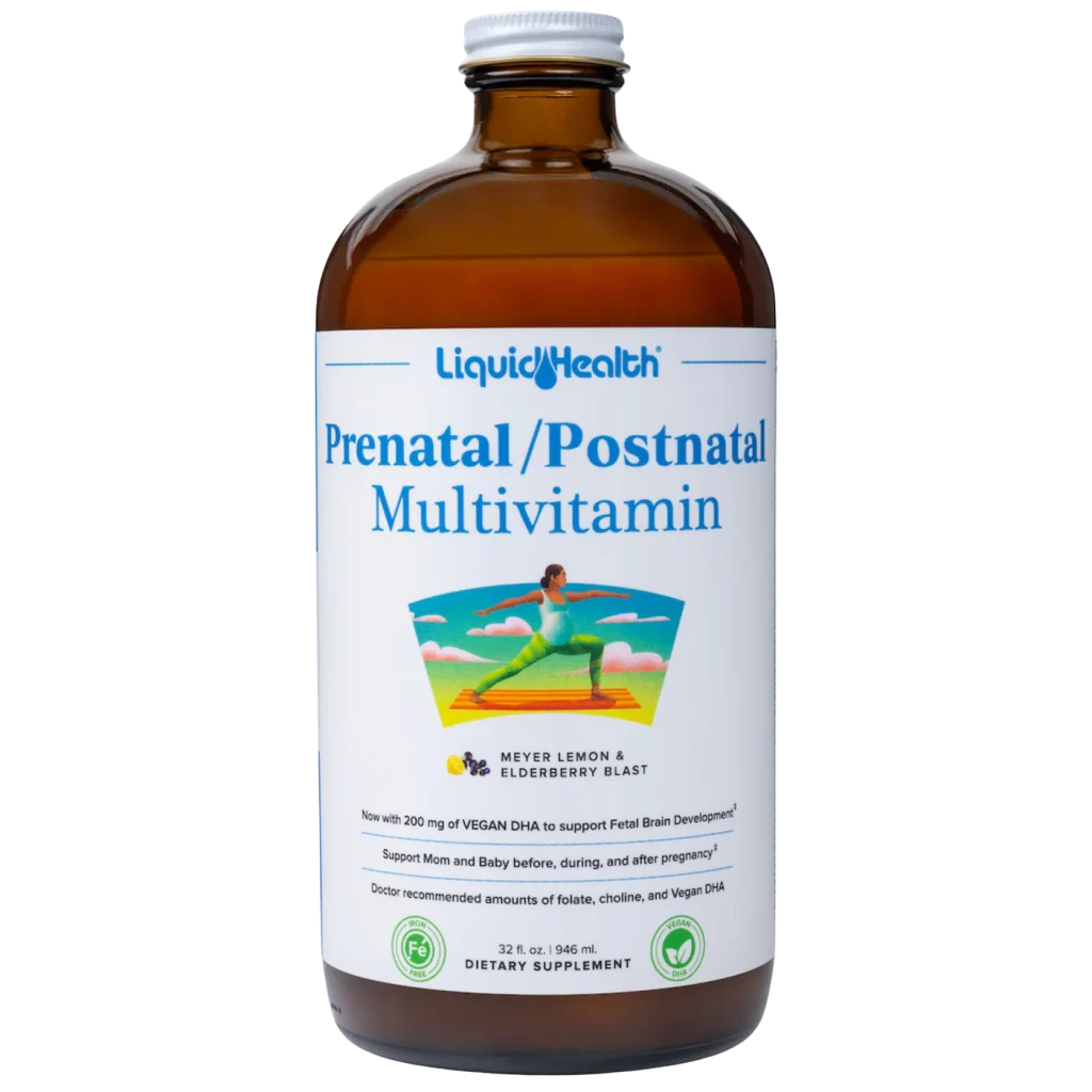 Bottle of Liquid Health Liquid Prenatal Vitamins featuring essential nutrients for pregnancy and fetal development.