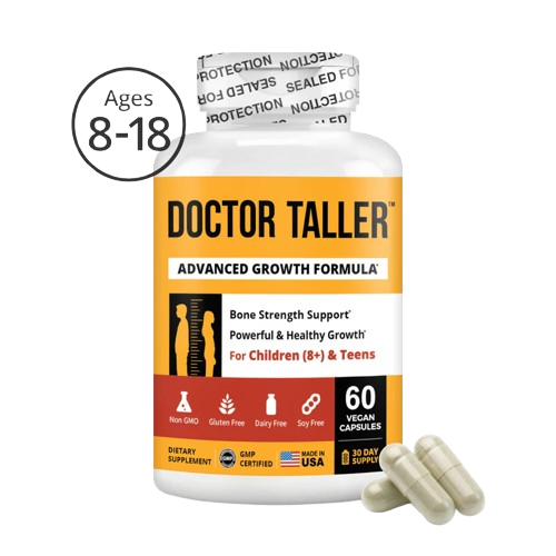 Doctor Taller height growth supplement bottle, a premium herbal formula for children and teenagers to support natural bone growth.
