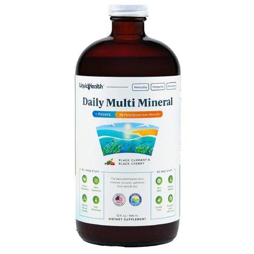 Daily liquid multi mineral supplement bottle showing a comprehensive blend of essential minerals for total body wellness.