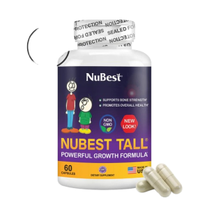 NuBest Tall supplement bottle for children and teenagers featuring bone-supporting nutrients like Calcium and Collagen.
