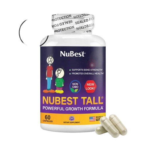 NuBest Tall supplement bottle for children and teenagers featuring bone-supporting nutrients like Calcium and Collagen.