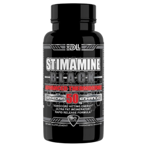 IDL Stimamine Black bottle with 50mg Ephedra for hardcore energy, thermogenesis, and weight management.
