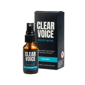 Liquid Health Vocal Spray Clear Voice bottle for singers and speakers needing rapid throat relief.