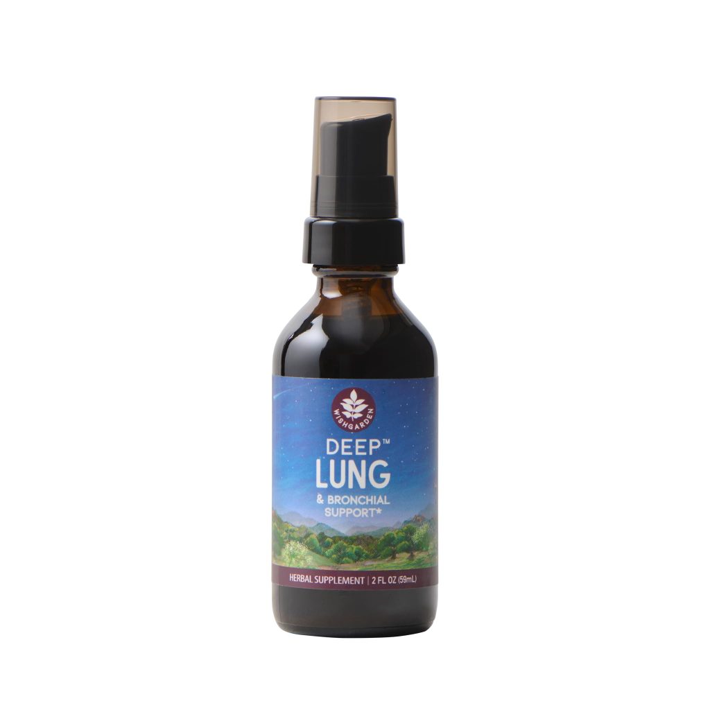 Deep Lung and Bronchial Support liquid supplement bottle featuring herbal ingredients for respiratory health and clear airways.
