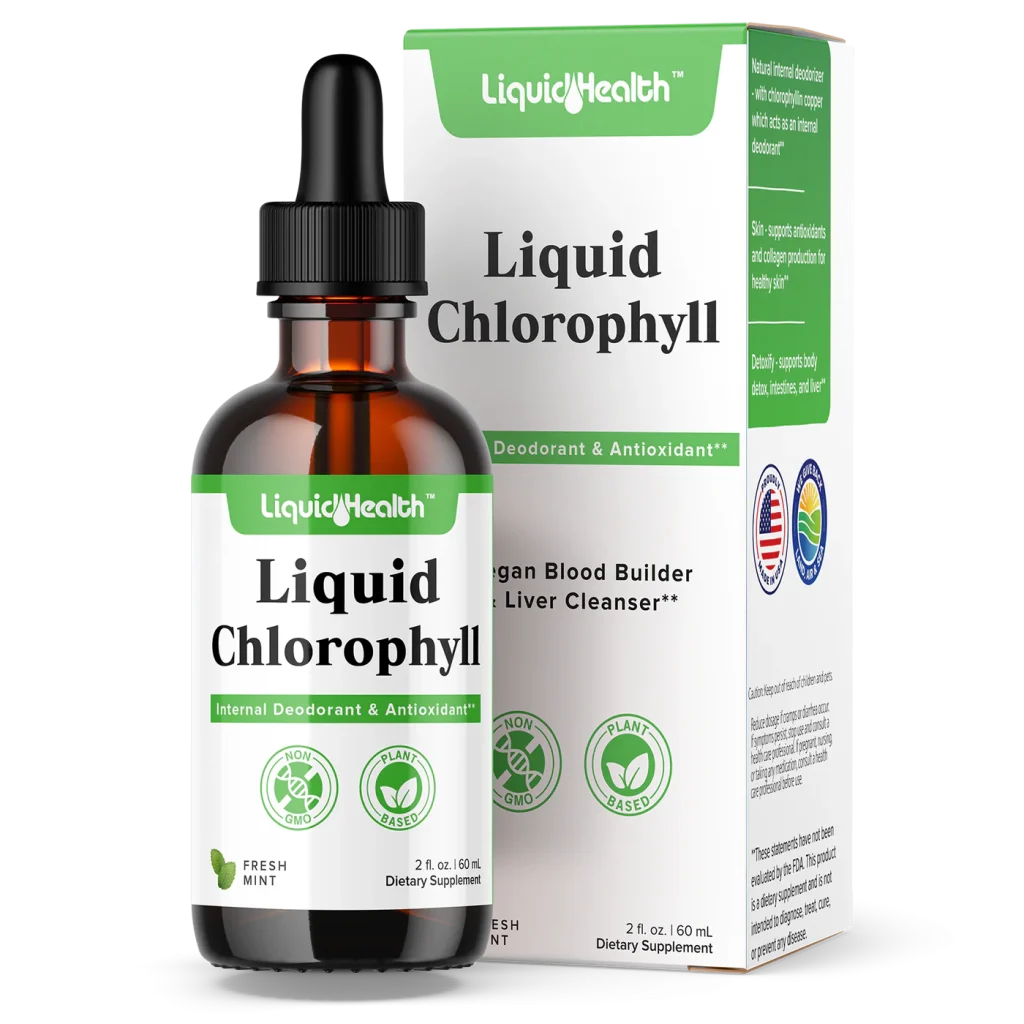 Liquid Chlorophyll Drops in a dropper bottle for internal deodorant and body odor support.