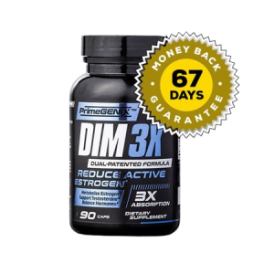 Bottle of DIM 3X estrogen balance supplement for men with 3-Stage hormone support formula.