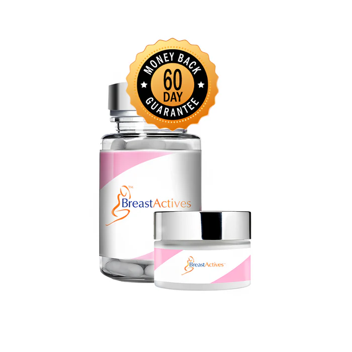 Breast Actives enhancement system including topical cream and natural supplement for bust support.