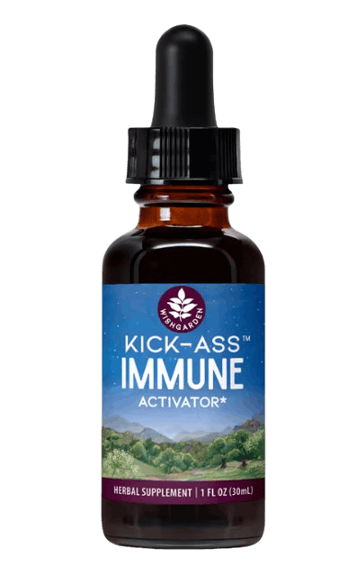 A bottle of Kick-Ass Immune Activator liquid formula, a potent herbal blend designed for rapid immune system response and seasonal wellness support.