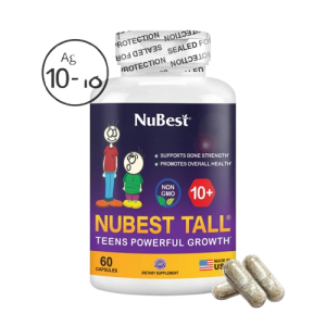 NuBest Tall 10+ capsules, a height growth and bone strength supplement for children and teenagers aged 10 and older.