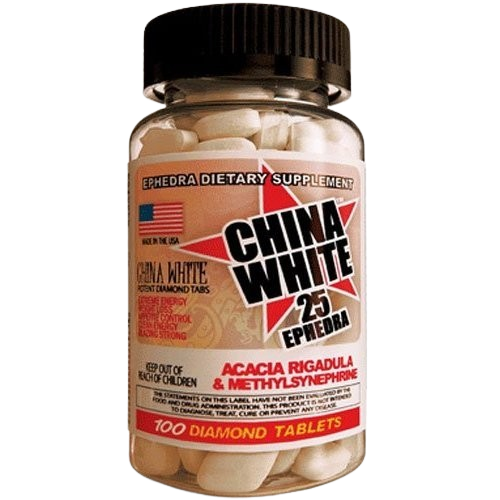 China White by Cloma Pharma bottle featuring 25mg Ephedra extract for intense energy and weight loss support.