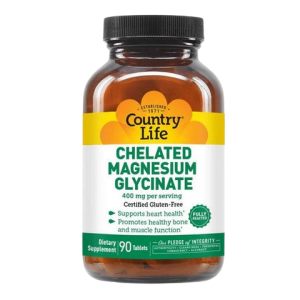 Country Life Chelated Magnesium Glycinate 400 mg 90 tablets bottle for muscle relaxation and cardiovascular support.