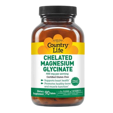 Country Life Chelated Magnesium Glycinate 400 mg 90 tablets bottle for muscle relaxation and cardiovascular support.