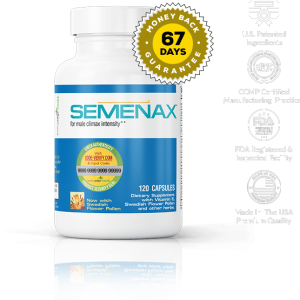 Semenax supplement bottle showing a natural formula designed for male reproductive health and volume support.