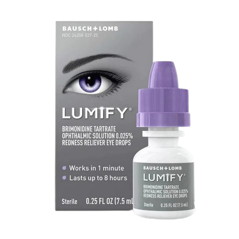Bausch + Lomb Lumify Brimonidine Tartrate Ophthalmic Solution 0.025% bottle for fast-acting eye redness relief.