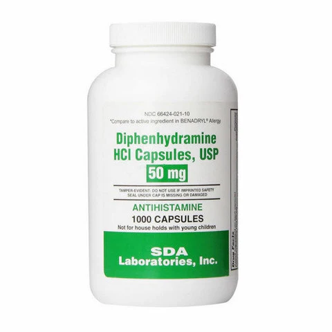 Bulk bottle of SDA Labs Diphenhydramine HCL 50 mg containing 1000 capsules.