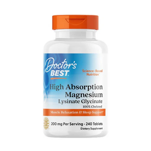 Doctor's Best High Absorption Magnesium 240 tablets bottle for muscle relaxation and sleep support.