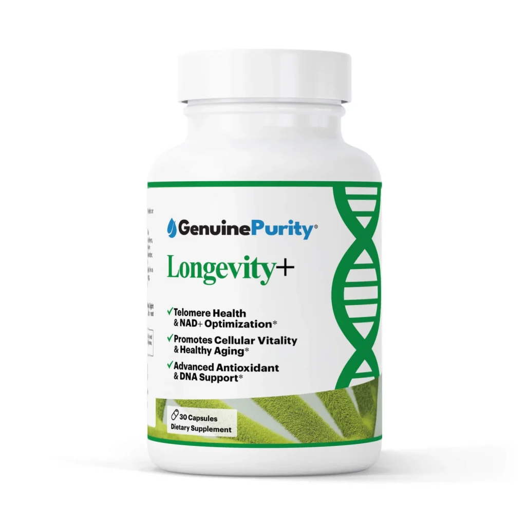 Longevity+ Advanced Cellular Age Defense 5-in-1 supplement bottle for anti-aging and vitality.