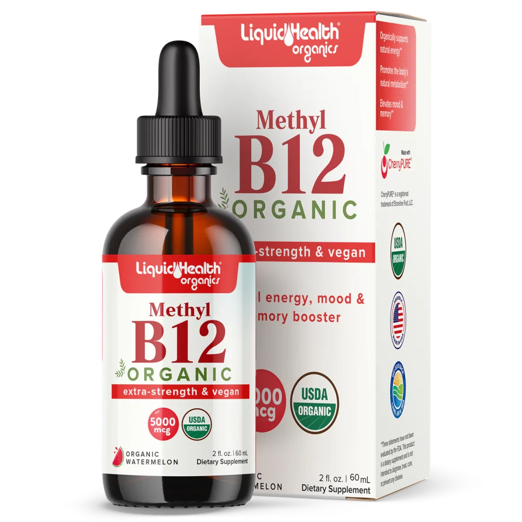 Organic Liquid B12 drops 5000mcg Methylcobalamin in a dropper bottle for high-potency energy.