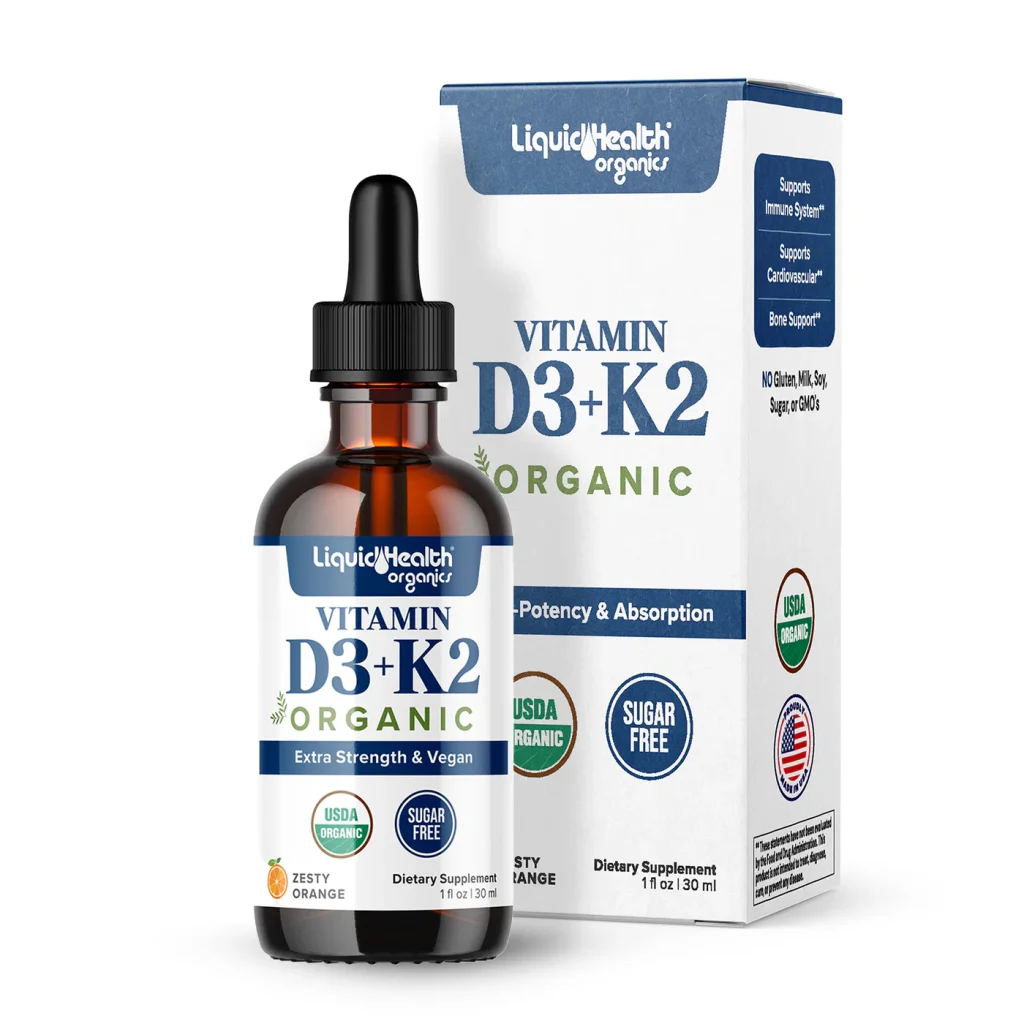 Organic Liquid Vitamin D3 with K2 dropper bottle for immune and bone health support.