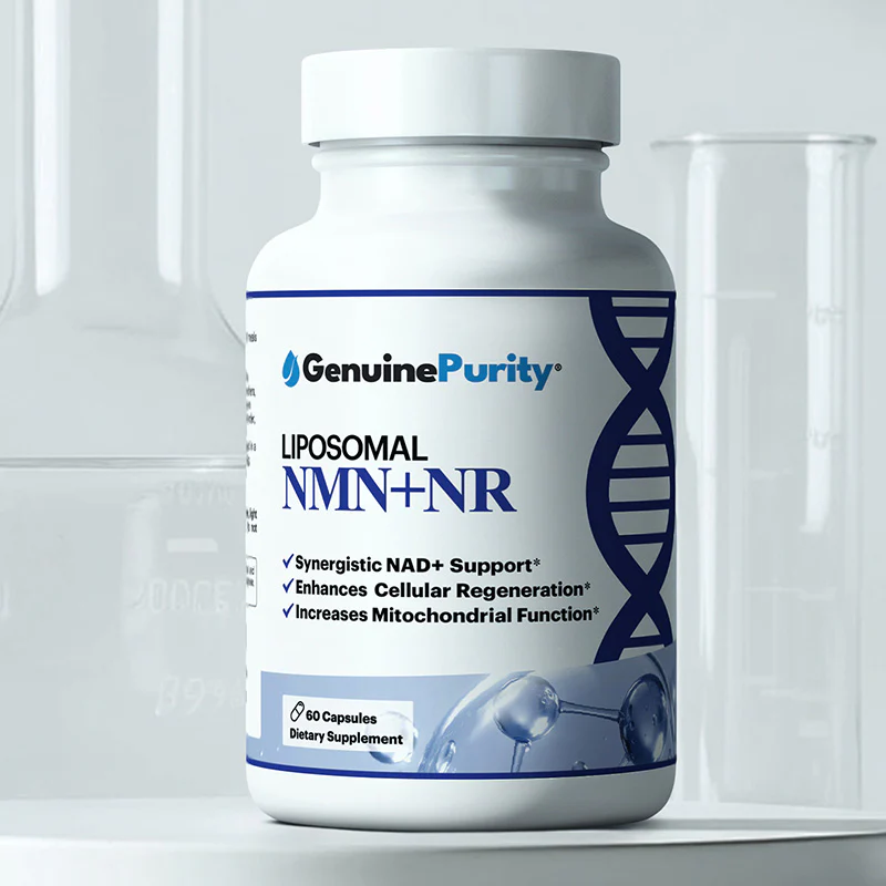 Liposomal NMN and NR supplement capsules for cellular regeneration and anti-aging support.