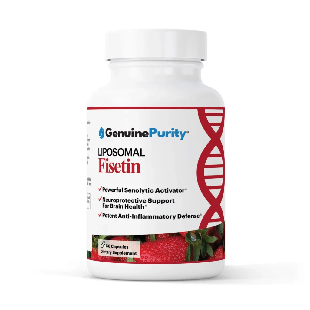 Liposomal Fisetin supplement bottle for cellular defense and anti-aging senolytic support.