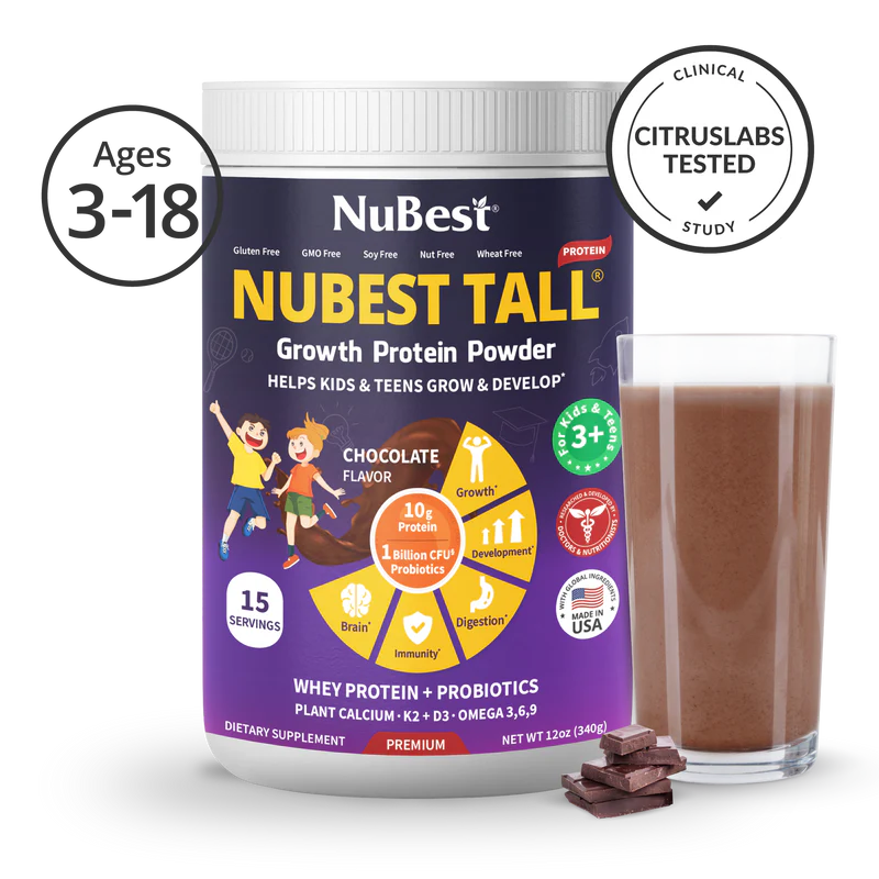 NuBest Tall Protein Chocolate shake powder tub for kids and teens' growth and nutrition.