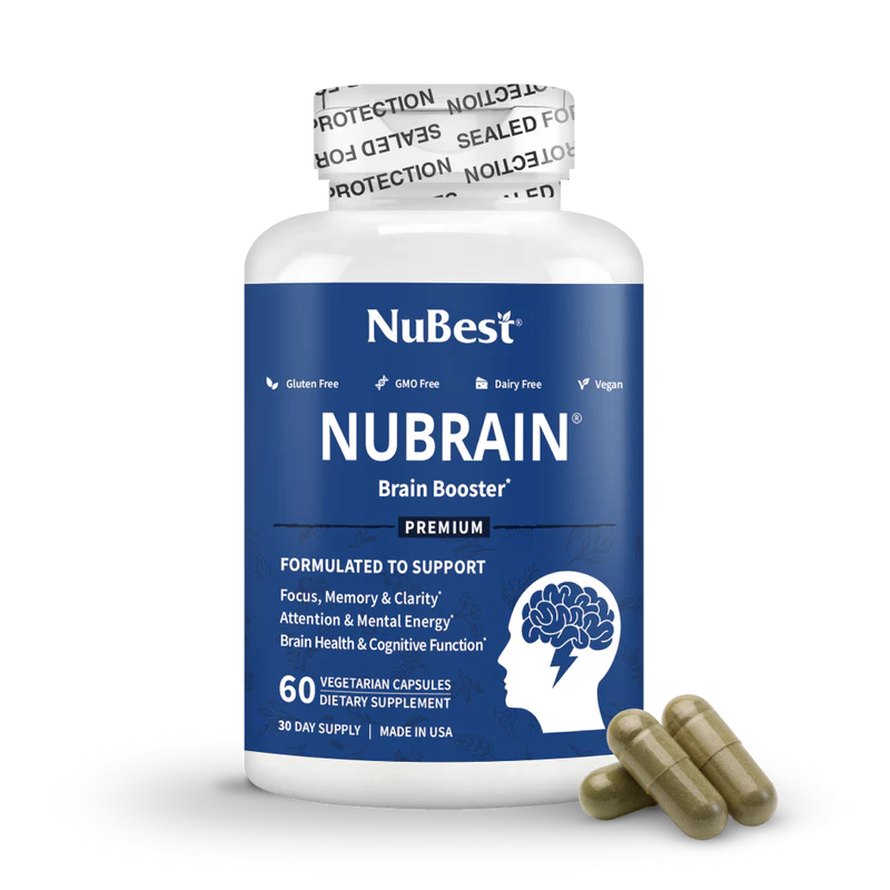 NuBrain Advanced Brain Booster supplement bottle for memory, focus, and mental clarity.