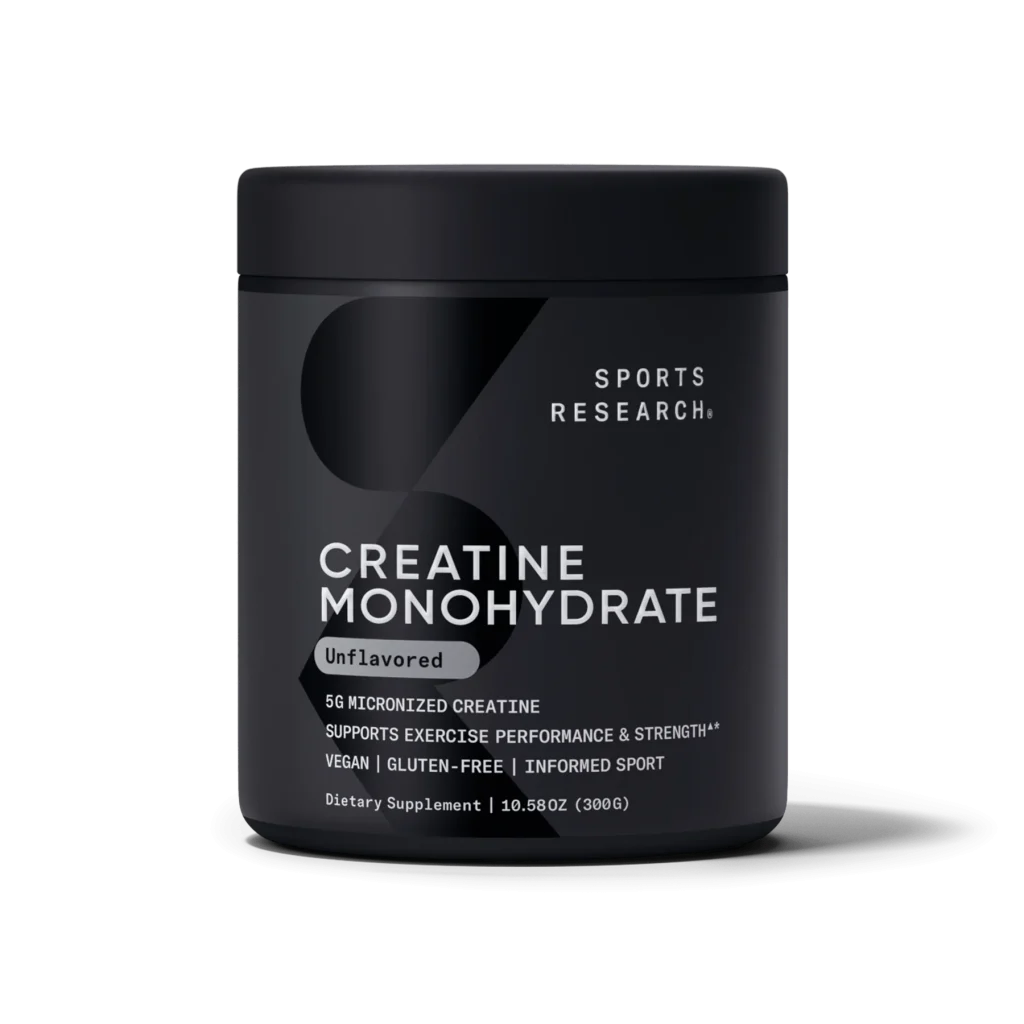 Pure micronized Creatine Monohydrate powder container with a scoop for muscle strength and gym performance.