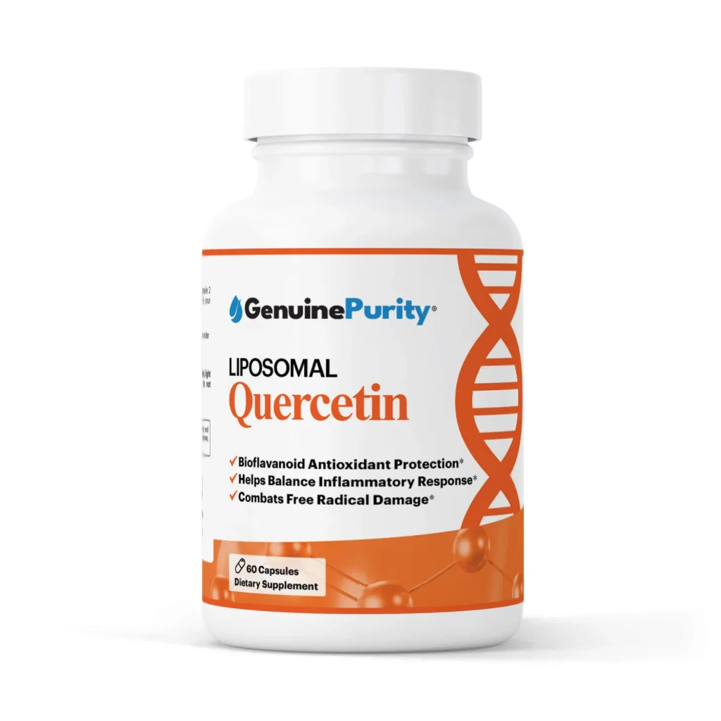 Liposomal Quercetin supplement bottle for natural immune support, antioxidant defense, and allergy relief.