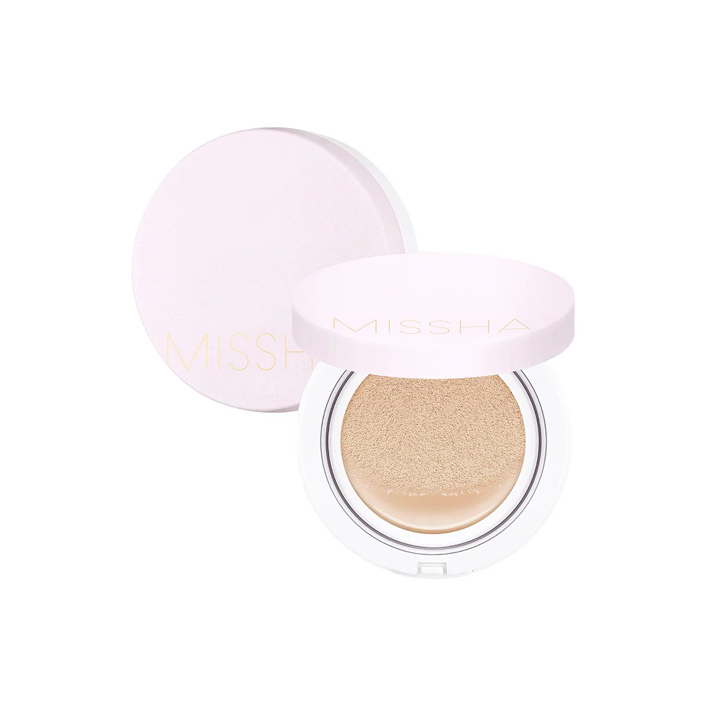 M Magic Cushion compact open with applicator puff showing the smooth BB cream formula.